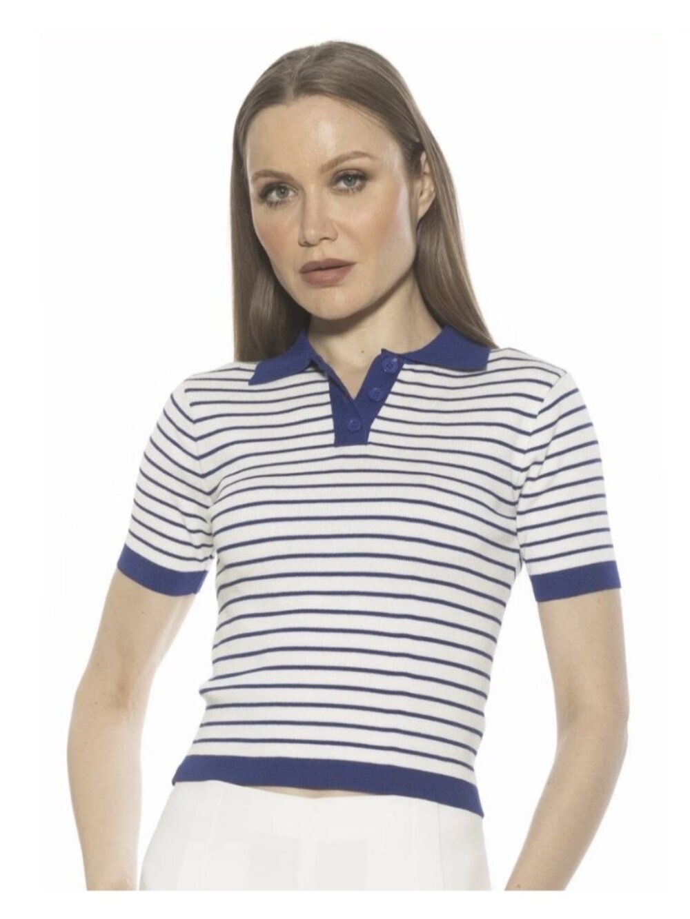 NEW Alexia Admor Elani Polo Shirt Navy White Stripe Casual Nautical Lightweight